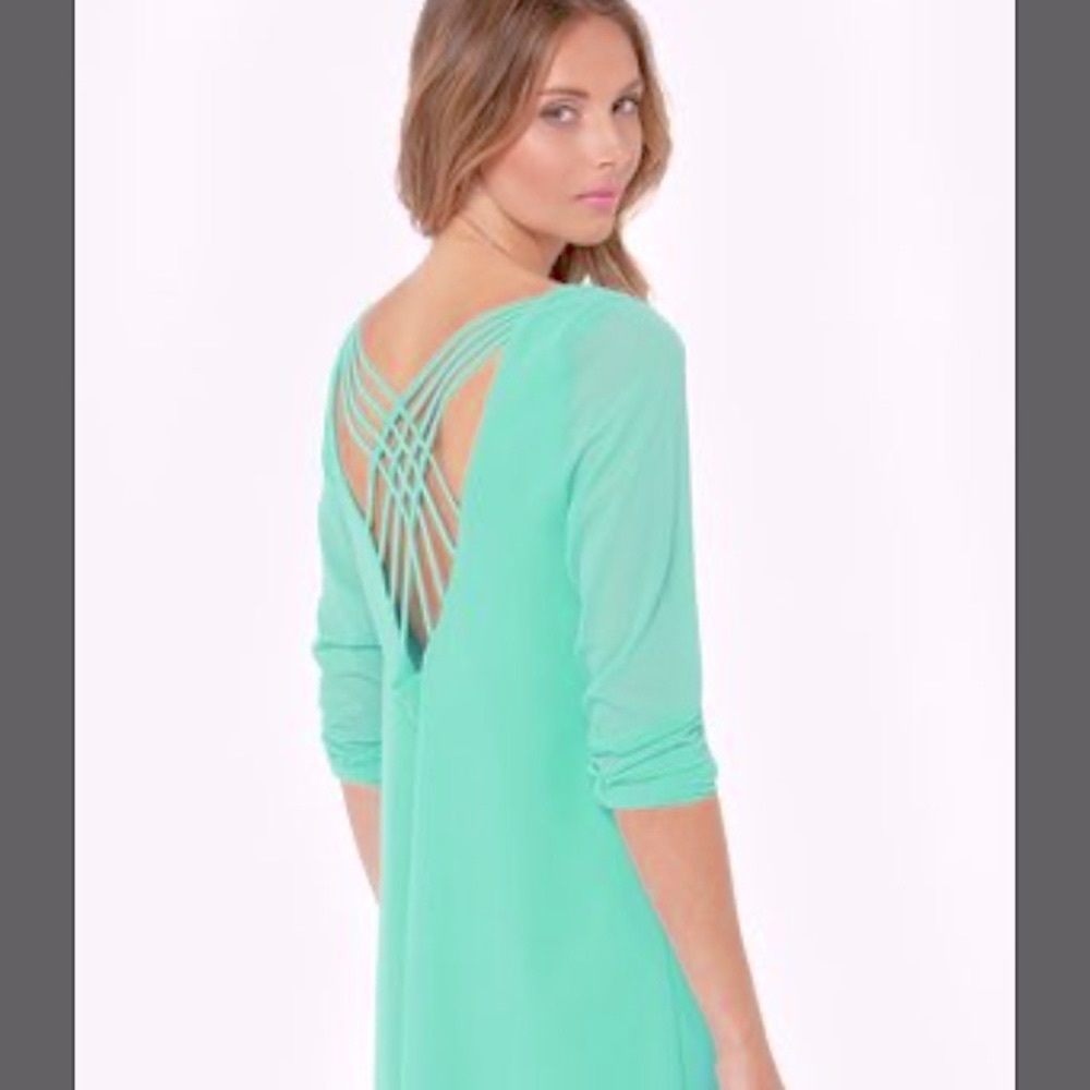 LULUS Green Teal Criss Cross Back Shift Wedding Guest Dress or Day Dress XS